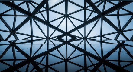 Symmetrical geometric patterns of a modern building's glass ceiling and reflection