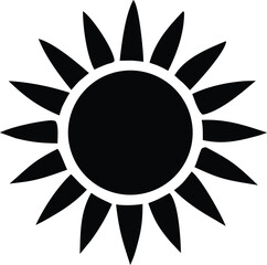 A stark black silhouette of a stylized sun with sharp pointed rays radiating outwards from a solid central circle