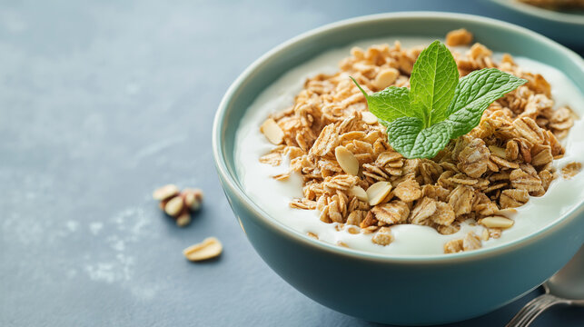 tigela de granola coberta com folhas de hortel&atilde; nozes fundo azul descanso de colher na lateral