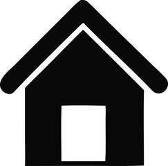 A simple bold black silhouette of a house with a prominent peaked roof and a single square window opening