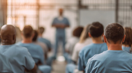 Obraz premium Emotional support session with people in blue clothing listening to speaker in correctional environment