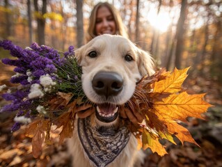 Golden Retriever with Flowers and Autumn Leaves
