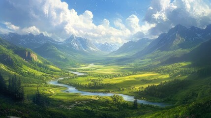 Naklejka premium 17.A sunlit valley with a meandering river cutting through lush meadows, bordered by distant mountain peaks and a bright, cheerful summer sky.