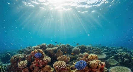 Obraz premium Underwater scene with vibrant coral reefs and sunlit water surface.