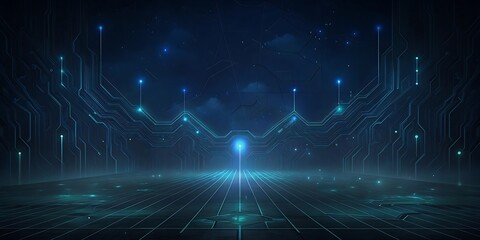 A futuristic digital landscape with glowing circuits and pathways.