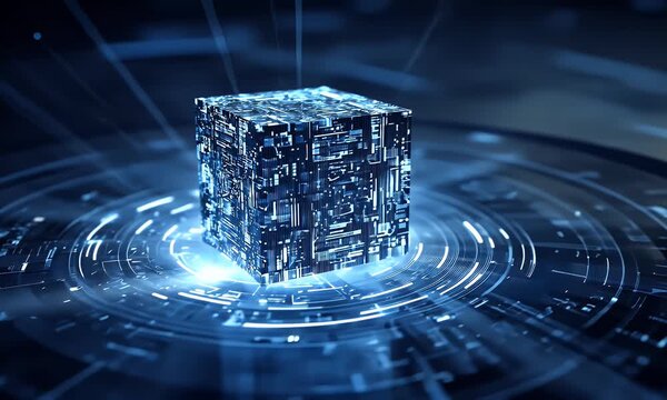 
A blue cube of data floating in the center, surrounded by glowing digital lines, representing AI technology and computer systems with an abstract background. 