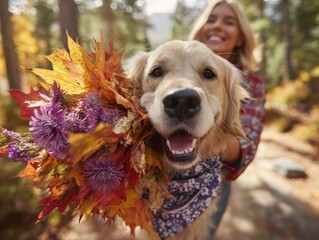Happy Dog with Autumn Leaves: Fall Fun