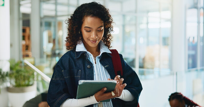 Student, online and woman with tablet, university or research for assignment on website or browsing. Education, pupil and person with tech for exam preparation, learning and scroll on app in college