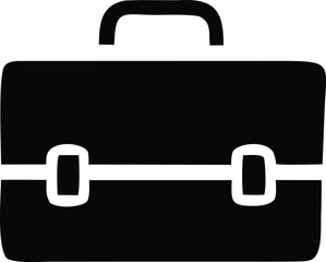 A stark black and white graphic icon representing a classic briefcase with a prominent horizontal strap and two securing clasps