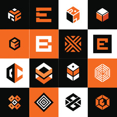 A grid of abstract geometric logos featuring cubes hexagons and letter e designs in orange black and white color palettes