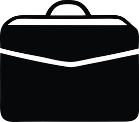 A simple black silhouette icon of a classic briefcase with a curved handle and a distinctive folded flap