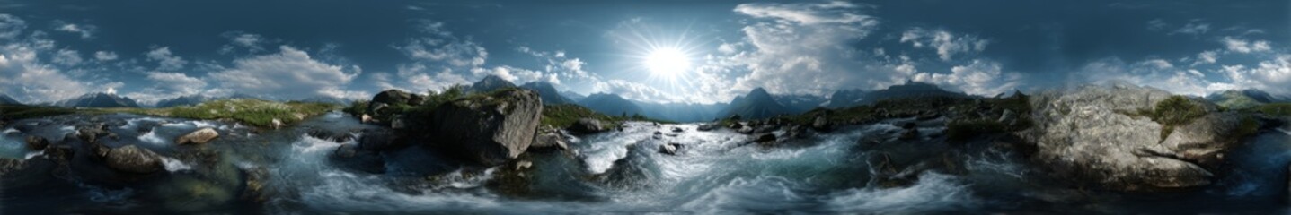 Naklejka premium Panoramic 360 degrees hdr landscape view of serene river and mountains in nature