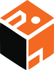 Abstract geometric logo design featuring an orange and white cube with a black textured side conveying innovation and structure