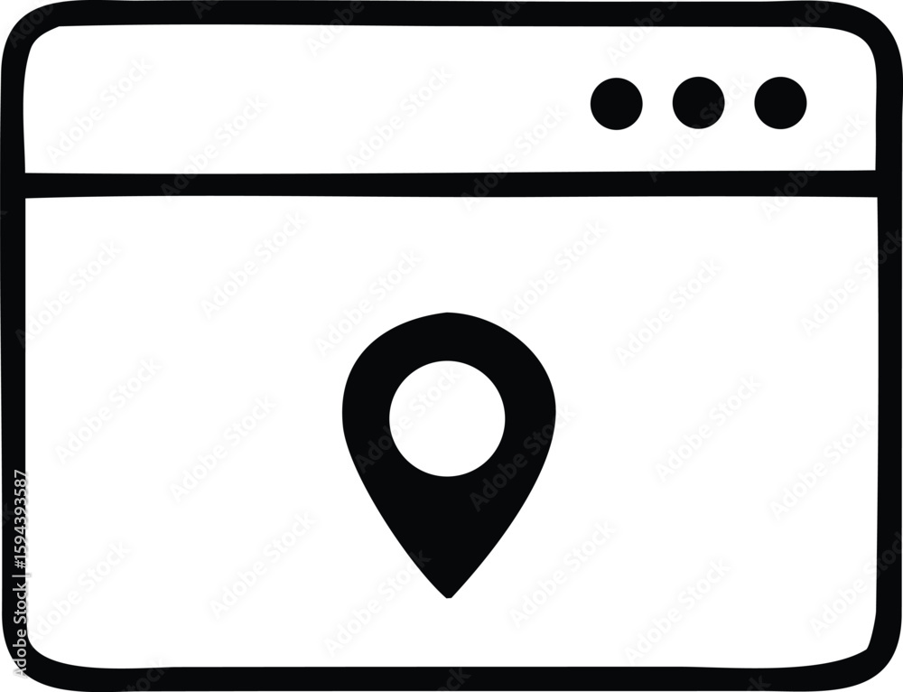 Poster simple line art icon of a web browser window displaying a black location pin marker