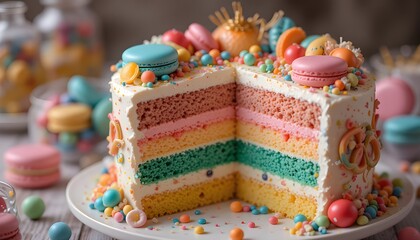 Colorful Layer Cake with Macarons and Sweet Candy
