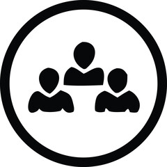 Simple black and white icon depicting three silhouetted figures arranged in a group within a circle