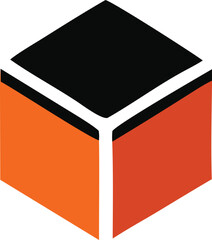 Abstract geometric cube design with bold orange and black panels and white accents