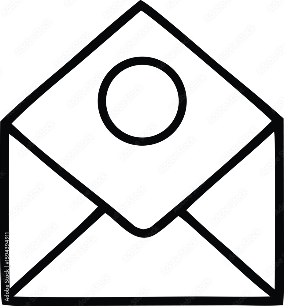 Poster simple outline icon of an open envelope with a circular seal or stamp representing communication and