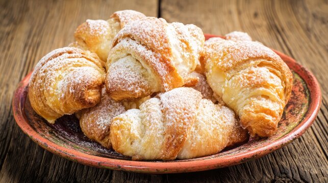 Golden honey-glazed pastizzi on ceramic plate, powdered sugar dusting, flaky layers in warm sunset light.