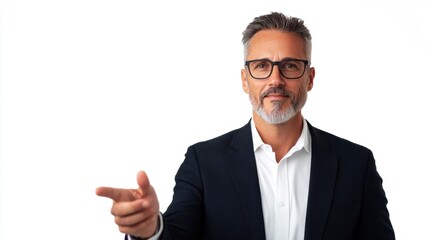 Confident businessman in suit pointing with smile, showcasing professionalism and approachability in bright setting