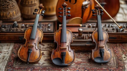 Fototapeta premium a nostalgic still life composition showcases three vintage violins displayed on a patterned rug complemented by antique musical instruments and wooden accents