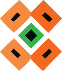 A vibrant abstract geometric pattern featuring a central green diamond with a black square surrounded by four orange diamonds each with a black rectangle