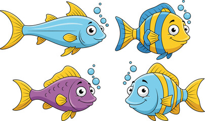 Cartoon colorful fish in underwater scene, smiling marine animals, playful ocean characters, vibrant aquatic illustration for children, vector drawing