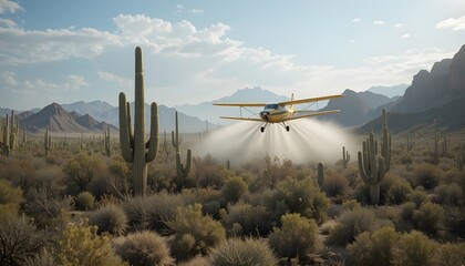 Small Plane Spraying Over a Cactus Desert Scene
