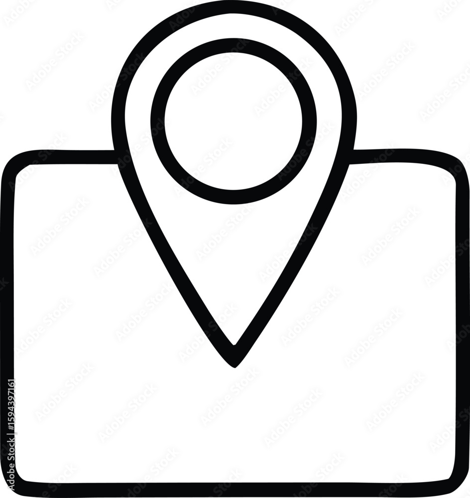 Poster simple hand drawn outline of a location pin marker centered on a rectangular map element for navigat
