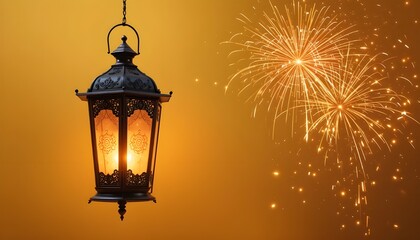 Lantern Glowing with Fireworks Against Yellow-Orange Background
