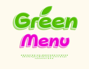 Vector Creative banner Green Menu. Artistic Green Font. Glossy Digital 3D Alphabet Letters and Numbers set.