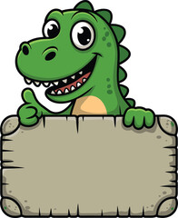 Cartoon dinosaur holding blank stone sign, giving thumbs up, friendly green character, fun kids illustration, educational vector, prehistoric animal design