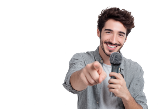 A man with a microphone is pointing to the camera