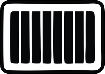 A simple bold black and white graphic representation of a barcode with thick vertical lines within a rounded rectangular frame