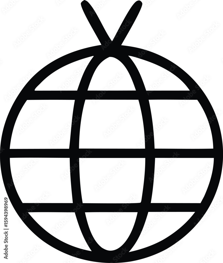 Poster a stylized black and white line drawing of a globe with intersecting lines representing longitude an
