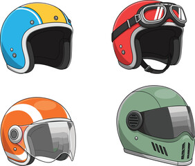Colorful cartoon motorcycle helmets collection, vintage and modern styles, safety gear for riders, fun design, vector biker accessories, illustration
