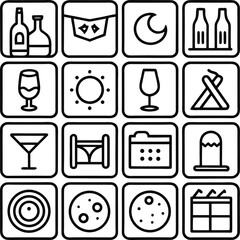 A grid of simple black and white line art icons representing various objects and concepts including drinks celestial bodies and leisure activities