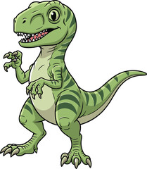 Cute green cartoon dinosaur, playful T-Rex illustration, striped prehistoric character, thumbs up pose, fun design for children, vector art