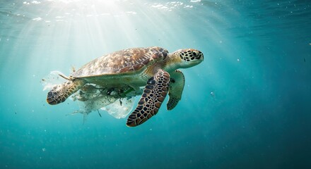 Obraz premium A sea turtle swims underwater, surrounded by floating plastic debris, highlighting ocean pollution and marine life threats.