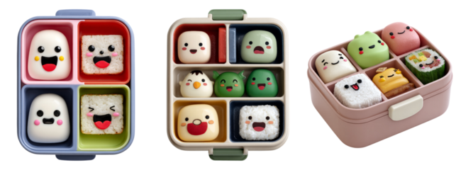 Cute Food Characters in Lunch Boxes with Transparent Background