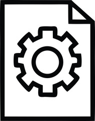 Simple black and white line art icon representing a gear or cogwheel superimposed on a document or paper with a folded corner
