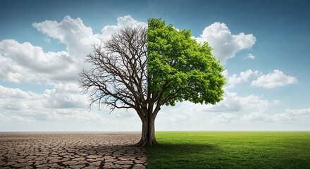 A tree split in half, one side barren and dry, the other lush and green, illustrating contrast between drought and healthy growth under a partly cloudy sky.