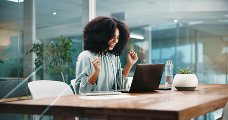Celebration, fist pump and laptop with business woman in office for bonus, good news or milestone....