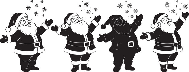 Naklejka premium Four santa claus figures in silhouette with snowflakes falling silhouette