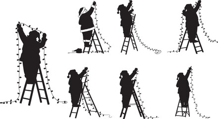 People in silhouette decorating with christmas lights on ladders silhouette