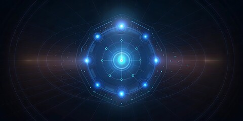 Abstract digital network with a glowing blue core, symbolizing data flow and advanced technology.