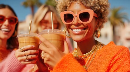 Obraz premium Joyful friends enjoying iced drinks in sunny setting.