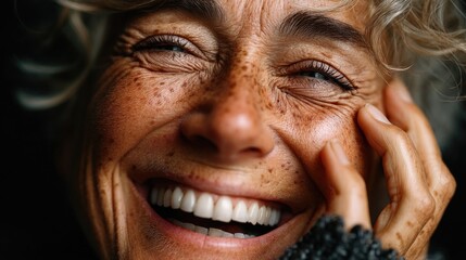 Joyful elderly woman with a warm smile and expressive features.