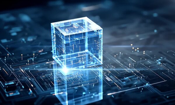 
A blue cube of data floating in the center, surrounded by glowing digital lines, representing AI technology and computer systems with an abstract background. 