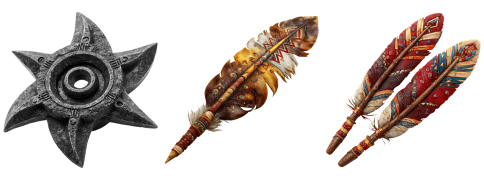 Decorative Handcrafted Tools with Colorful Feathers on Transparent Background